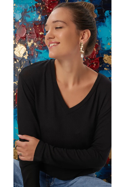 STYLENEST Women's Black V-Neck Corded Fabric Knitted Blouse - 100% Cotton Stretch Fabric