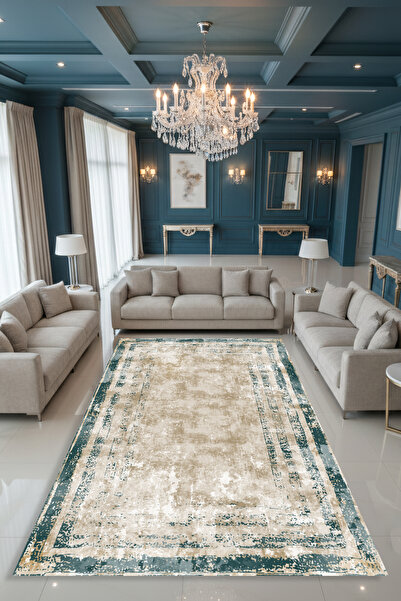 Kessy Home Studio Luna VizonYeşil Desenli Dijital Baskı Salon Halısı Kaymaz T...
