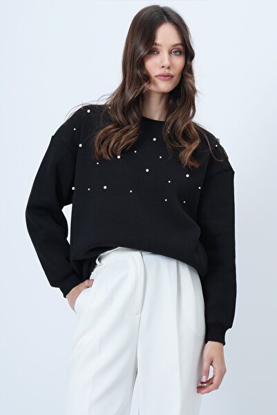 VAGGON Women's Black Crew Neck Pearl Detailed O Oversized Sweatshirt Vs01499