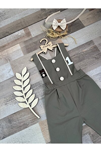 Feriatolye Gray and Cream Detailed Custom-Made Baby Boy Teddy Bear Concept Salopet Bow Tie Set