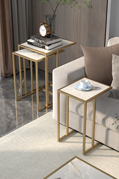 MİLVAKİ Zigon Sehpa Gold Modern 3 lü