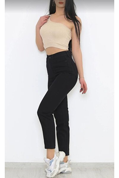 JAXEN BT18424382 Pantaloni de blugi pentru femei Boyfrend Black talie înaltă ...