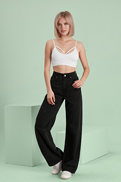 JAXEN Bt11058633 Women's Jeans Black Loose Wide Leg High Waist Stretch Fabric Denim Pants Jean