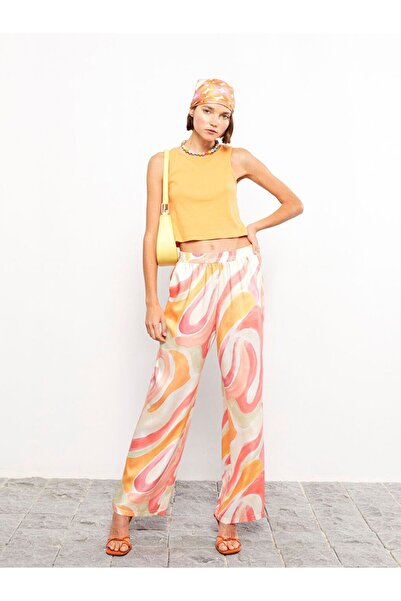 LC Waikiki Patterned Satin Women's Trousers with Elastic Waist