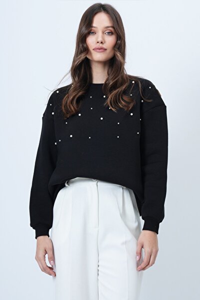 VAGGON Women's Black Crew Neck Pearl Detailed O Oversized Sweatshirt Vs01499