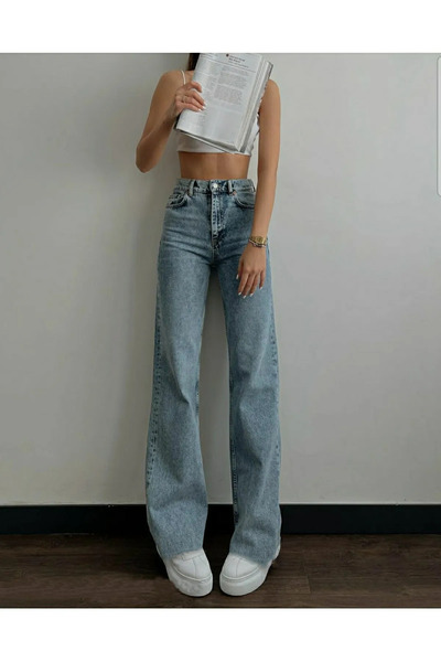 JAXEN بنطلون جينز نسائي BT12465894 أزرق اللون بخصر عالٍ جدًا أرجل واسعة مريح ...