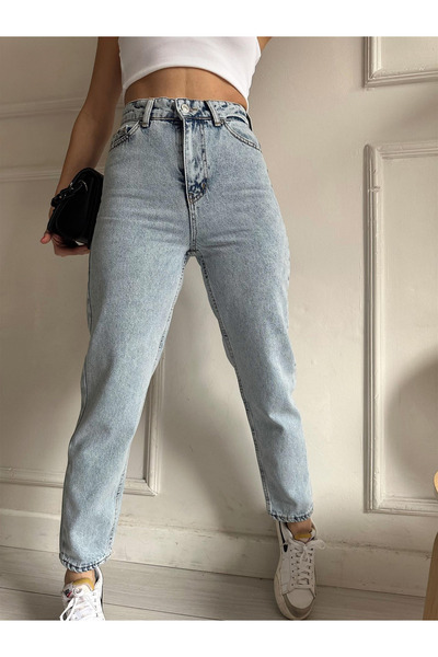 JAXEN بنطلون جينز نسائي BT12480487 بخصر عالٍ ولون أزرق مغسول ومريح مقاس قماش ...