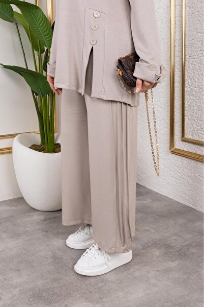 MODAMÜNASİP Άνετο και κομψό σετ δύο τεμαχίων με παντελόνι από βαμβακερή βισκόζη με κουμπιά