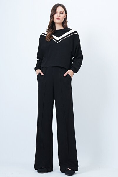 VAGGON Women's Black Crew Neck Striped Detail Blouse and Wide Leg Pants Set Vs01452