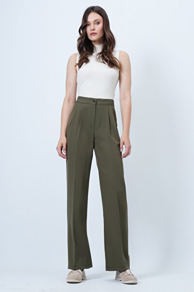 VAGGON Women's Khaki Button Closure Double Pocket Palazzo Pants Vs01449