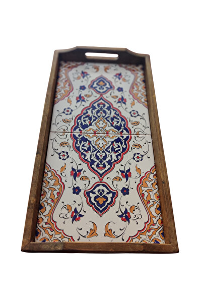 e-meta Kütahya Ceramic Wooden Serving Tray / Handmade Decorative Tray with Be...