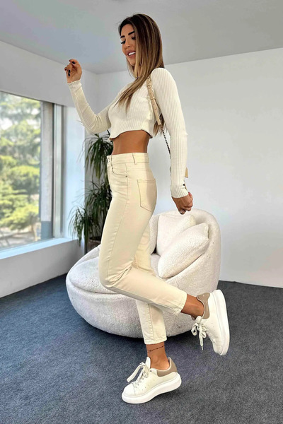 JAXEN BT11578734 Γυναικεία κρέμα ψηλής μέσης ελαστικό ύφασμα Mom Jeans τζιν παντελόνι