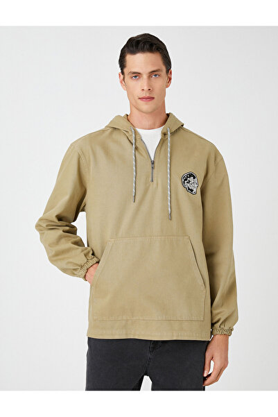 Koton Skull Embroidered Hooded Sweatshirt Pocket Detail Cotton