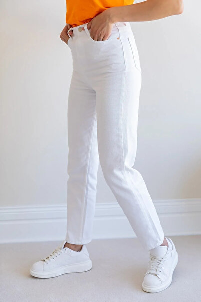 JAXEN Bt11188256 Women's High Waist White Comfort Stretch Fabric Mom Jeans Boyfrend Pants