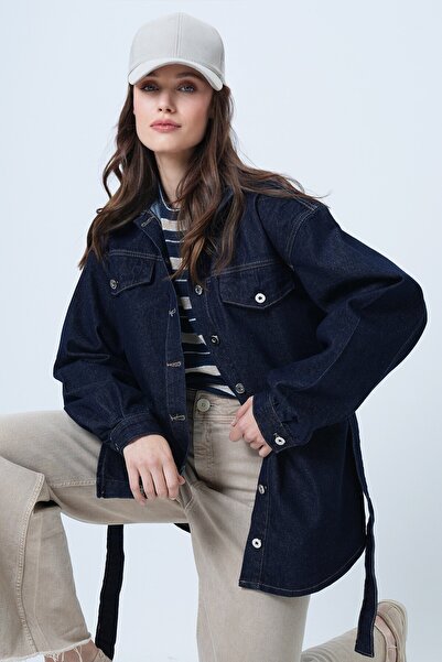 VAGGON Women's Navy Blue Belted Button Closure Denim Shirt Vs01451