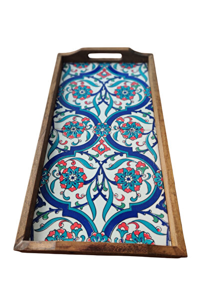 e-meta Kütahya Ceramic Wooden Serving Tray / Handmade Decorative Tray with Be...