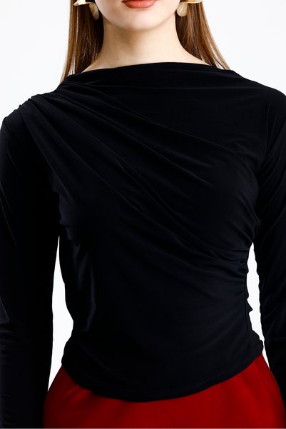 de zuzuu fashion Sandy Fabric Cross Ruched Detail Long Sleeve Blouse