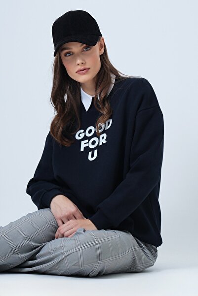 VAGGON Women's Navy Blue Crew Neck 3 Thread O Oversized Sweatshirt Vs01498