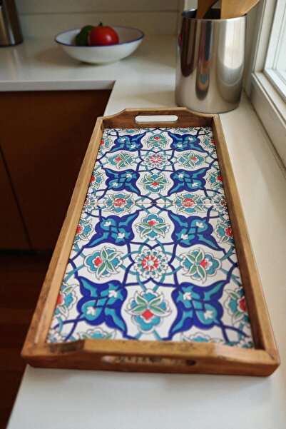 e-meta Kütahya Ceramic Wooden Serving Tray / Handmade Decorative Tray with Be...