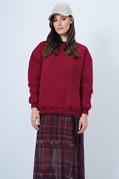 VAGGON Women's Burgundy Crew Neck 3 Thread O Oversized Basic Sweatshirt Vs01488
