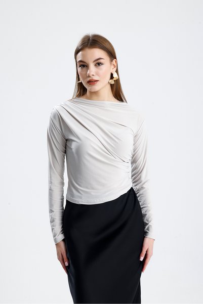de zuzuu fashion Sandy Fabric Cross Ruched Detail Long Sleeve Blouse