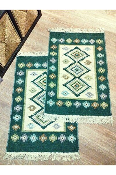 OEM 1+1 Traditional rugs, cotton, size 60 x 90 cm, green and cream, ROMB pattern