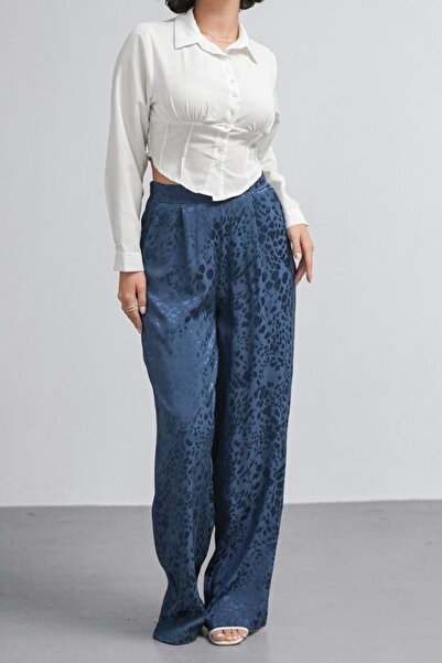 Hisleria Leopard Pattern Viscose Fabric Satin Trousers with Elastic Back and Side Zipper Blue
