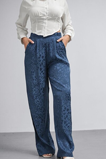 Hisleria Leopard Pattern Viscose Fabric Satin Trousers with Elastic Back and Side Zipper Blue