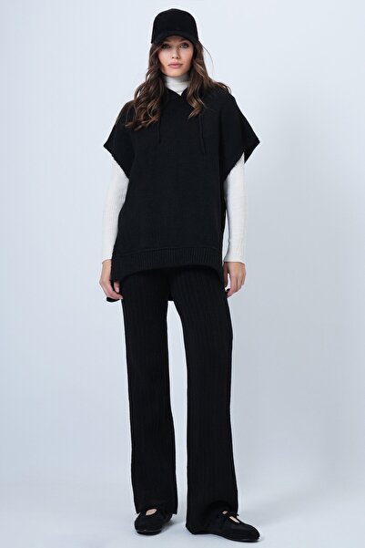 VAGGON Women's Black Hooded Sleeveless Sweatshirt and Elastic Waist Pants Knitwear Set Vs01461