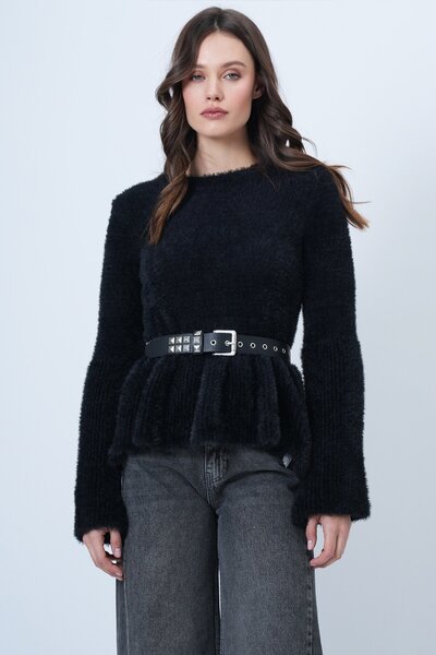 VAGGON Women's Black Long Sleeve Ruffled Knitwear Soft Sweater Vs01462