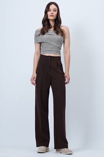VAGGON Women's Bitter Brown Button Closure Double Pocket Palazzo Pants Vs01449