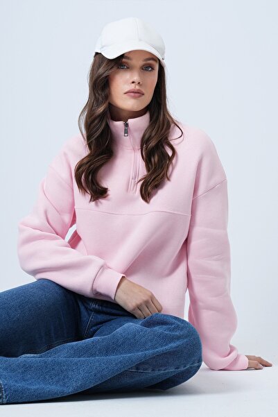 VAGGON Women's Pink Mock Neck Half Zipper piped Sweatshirt Vs01457