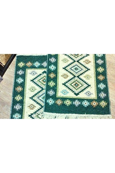 OEM 1+1 Traditional rugs, cotton, size 60 x 90 cm, green and cream, ROMB pattern
