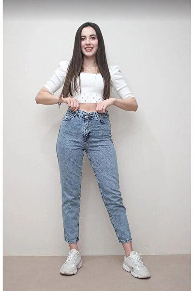 JAXEN بنطلون جينز أزرق بخصر مرتفع موديل BT12896495 قماش قابل للتمدد موم