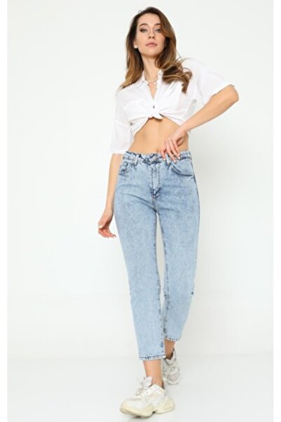 JAXEN بنطلون جينز نسائي BT16008423 عالي الخصر باللون الأزرق المغسول قماش قابل...