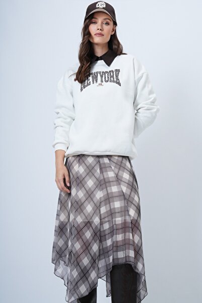 VAGGON Γυναικείο φούτερ εκρού με τύπωμα με λαιμόκοψη με 3 κλωστές Vs01486