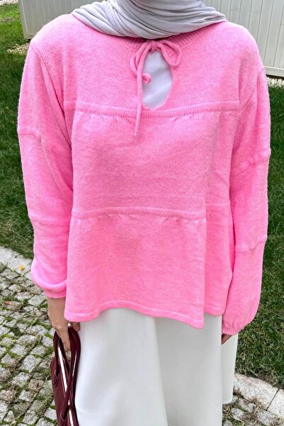 lamelif Πλεκτό πουλόβερ με κορδόνια στο λαιμό ροζ