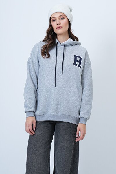 VAGGON Γυναικείο φούτερ γκρι με κουκούλα oversized με τύπωμα Vs01495