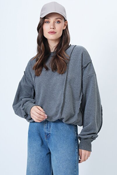 VAGGON Women's Anthracite Stitching Detailed Oversized Design Sweatshirt Prmx14662