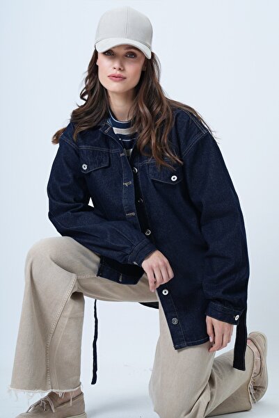 VAGGON Button-Up Denim Shirt with Belted Waist