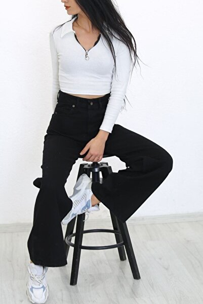 JAXEN Bt16751216 Black Super High Waist 90's Wide Leg Wide Leg Loose Comfort Stretch Fabric Jeans