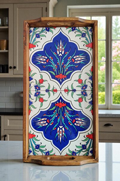 e-meta Kütahya Ceramic Wooden Serving Tray / Handmade Decorative Tray with Be...