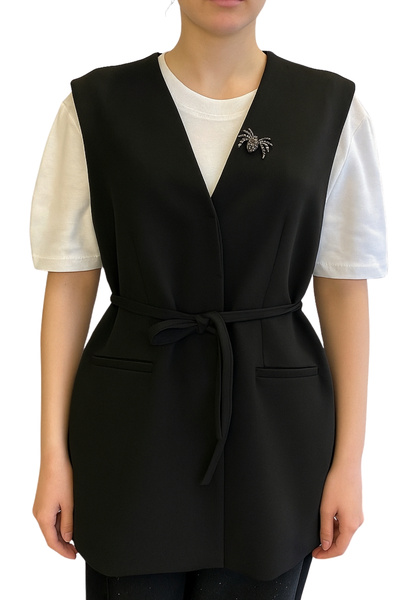 Qualia Butik Women's Black Tie Detail V-Neck Brooch Vest