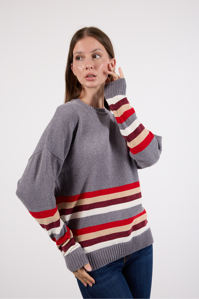 Clothes Fast Women's Gray Striped Crew Neck Chenille Velvet Knitwear Sweater