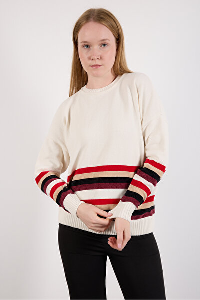 Moda Days Women's White Striped Crew Neck Chenille Velvet Knitwear Sweater