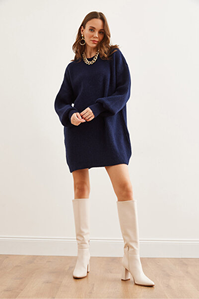 Olalook Kadın Lacivert Balon Kol Yumuşak Dokulu Triko Tunik Elbise ELB-19002560