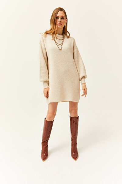 Olalook Kadın Taş Balon Kol Yumuşak Dokulu Triko Tunik Elbise ELB-19002560