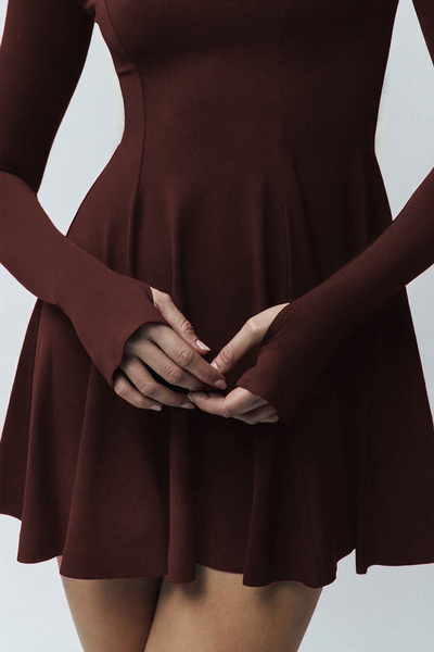 World Fashion Trends WFT5091 Φόρεμα Ψαράδικο Καφέ με Λεπτομέρεια στα Δάχτυλα