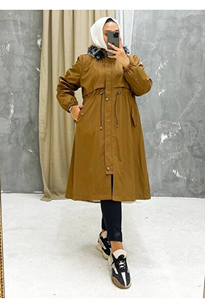 Marjinal City Tan Fur Lined and Waterproof Large Size Oversize Women's Winter Coat & Coat