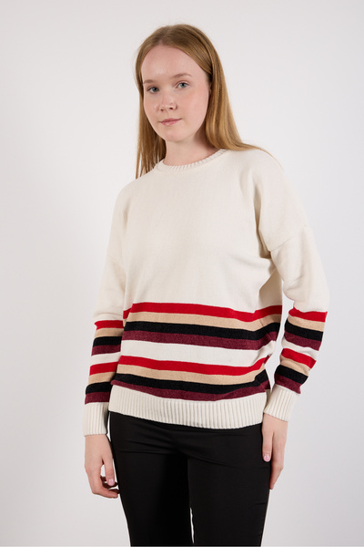 Moda Days Women's White Striped Crew Neck Chenille Velvet Knitwear Sweater